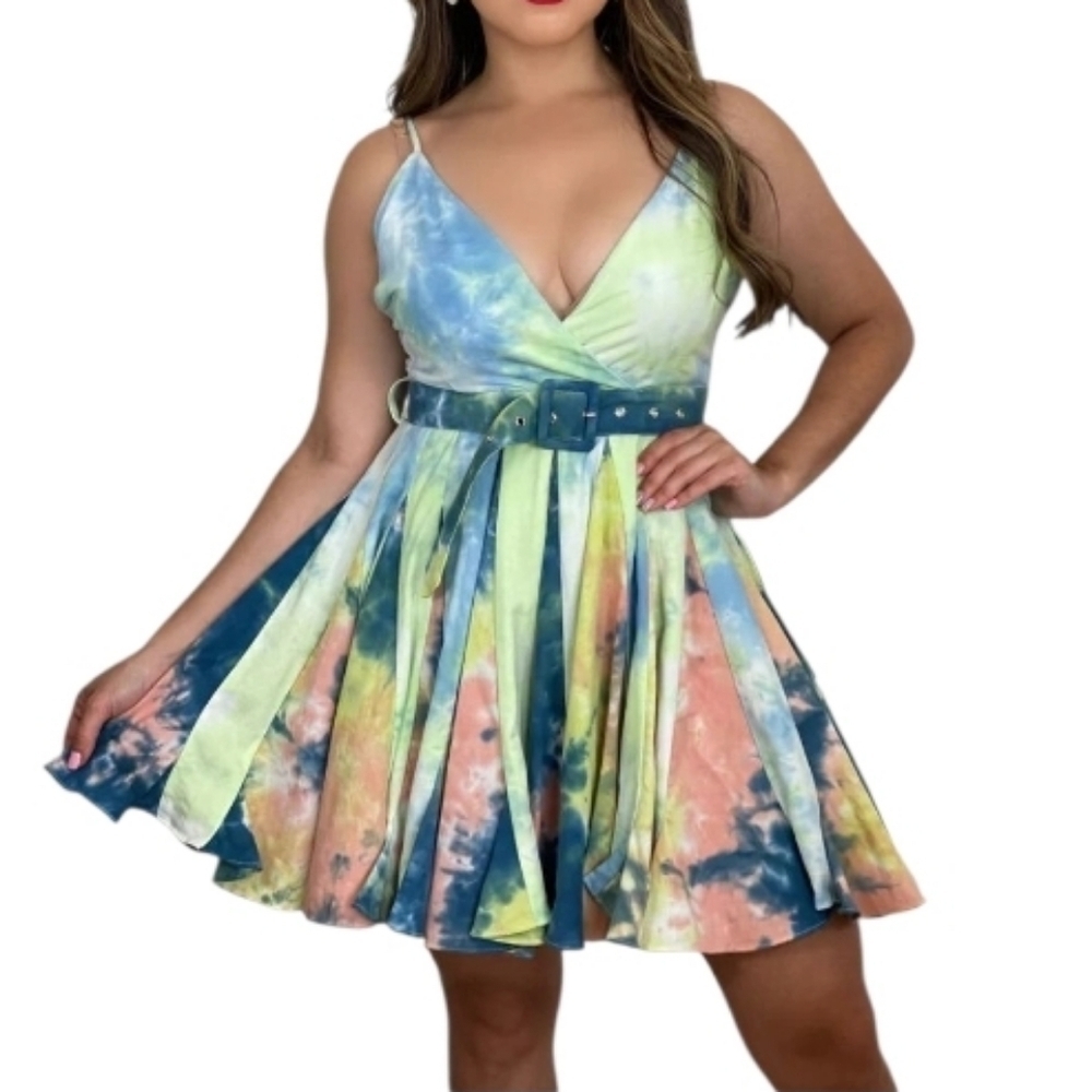 L'ATISTE Vibrant Tie-Dye Spaghetti Strap Belted Mini Dress Size 4X   NWT